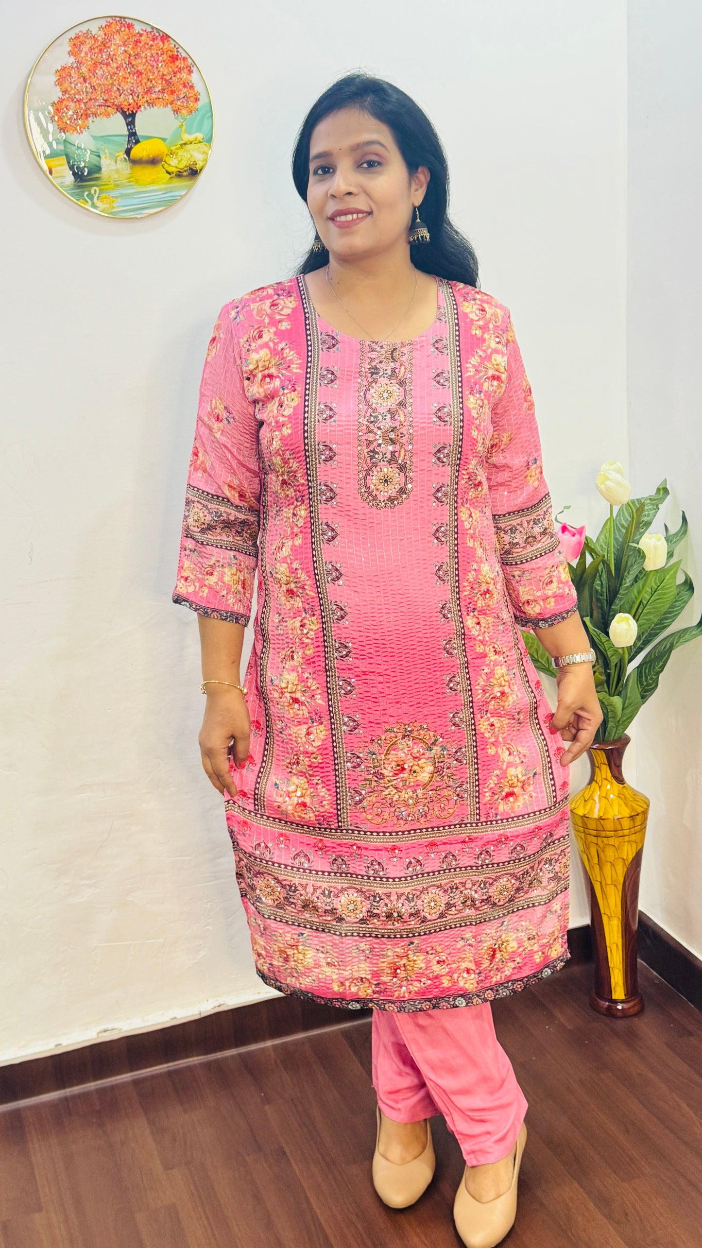 BABY PINK  CHINON GOLDEN SEQUIN WITH MIRROR WORK SUIT SET