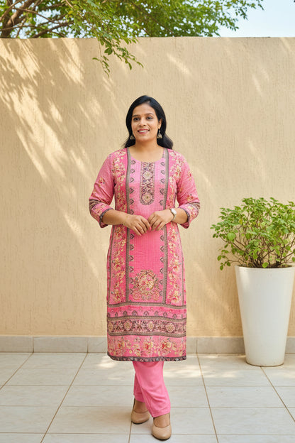 Baby Pink Chinon Suit Set with Golden Sequin & Mirror Work