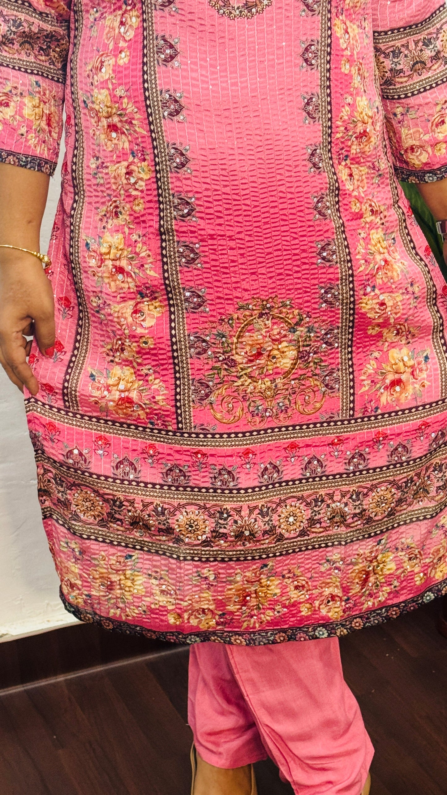 BABY PINK  CHINON GOLDEN SEQUIN WITH MIRROR WORK SUIT SET