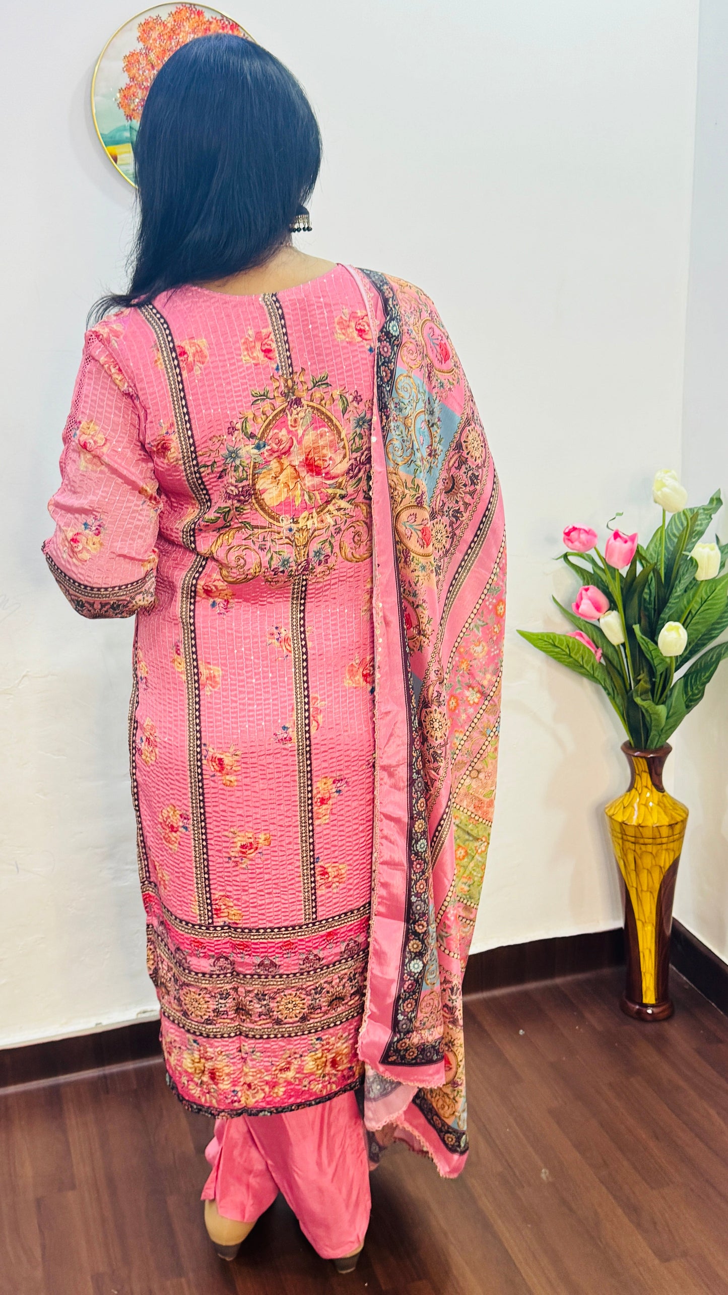 BABY PINK  CHINON GOLDEN SEQUIN WITH MIRROR WORK SUIT SET