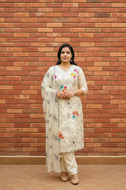 Cream Floral Embroidered Tissue Silk Suit with Organza Dupatta