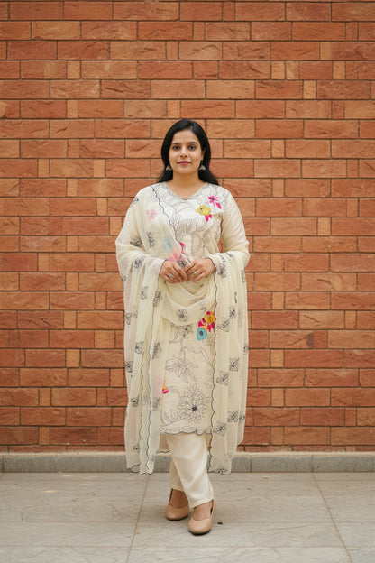 Cream Floral Embroidered Tissue Silk Suit with Organza Dupatta