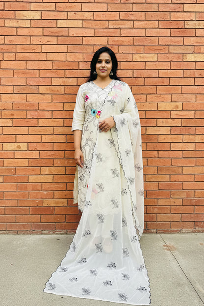 Cream Floral Embroidered Tissue Silk Suit with Organza Dupatta
