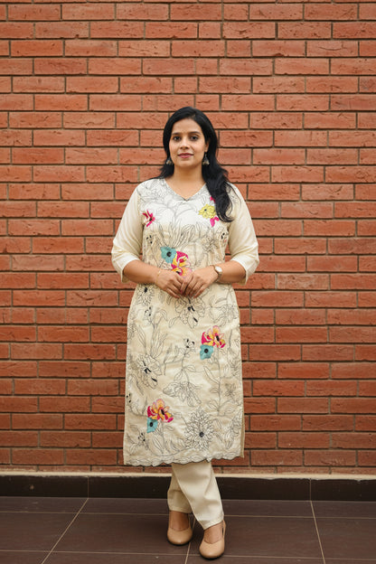 Cream Floral Embroidered Tissue Silk Suit with Organza Dupatta