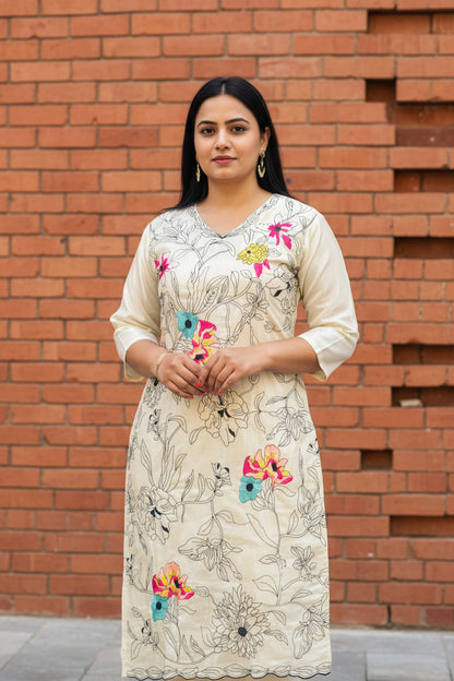 Cream Floral Embroidered Tissue Silk Suit with Organza Dupatta