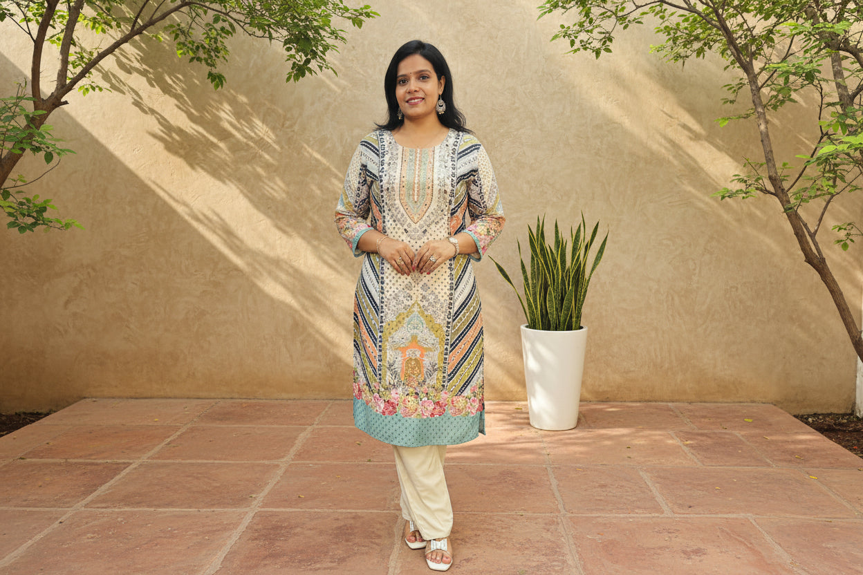MULTICOLOUR DIGITAL PRINT MUSLIN SUIT SET WITH MIRROR WORK