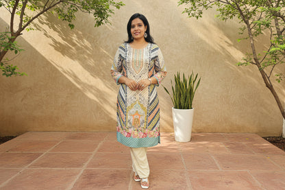 Ivory Digital Print Muslin Suit Set with Mirror Work