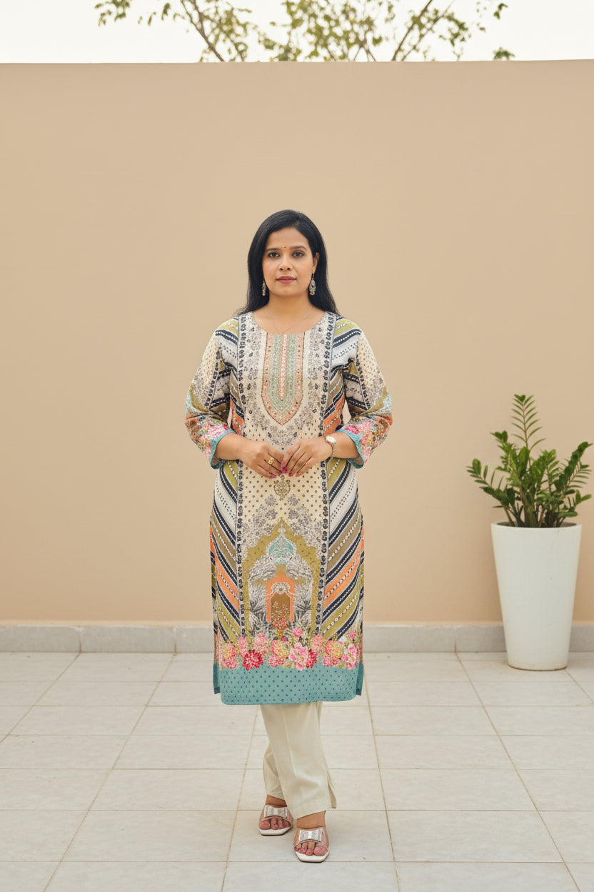 MULTICOLOUR DIGITAL PRINT MUSLIN SUIT SET WITH MIRROR WORK