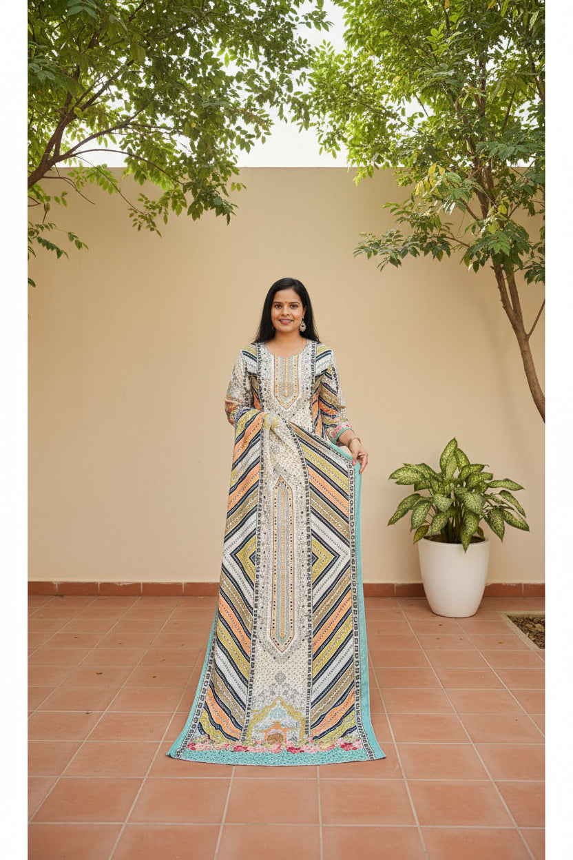 MULTICOLOUR DIGITAL PRINT MUSLIN SUIT SET WITH MIRROR WORK