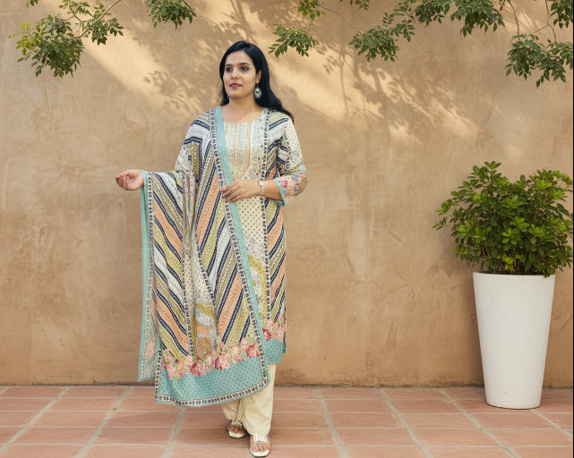 MULTICOLOUR DIGITAL PRINT MUSLIN SUIT SET WITH MIRROR WORK