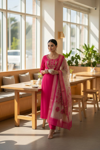 RANI PINK COLOR ROMAN SILK WITH DIGITAL PRINT DUPATTA