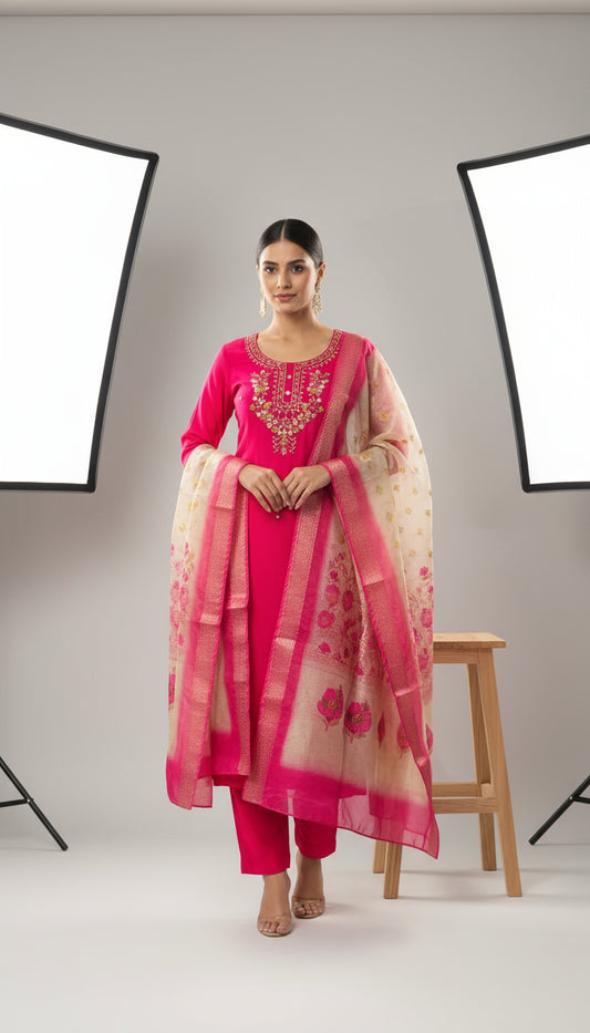 RANI PINK COLOR ROMAN SILK WITH DIGITAL PRINT DUPATTA