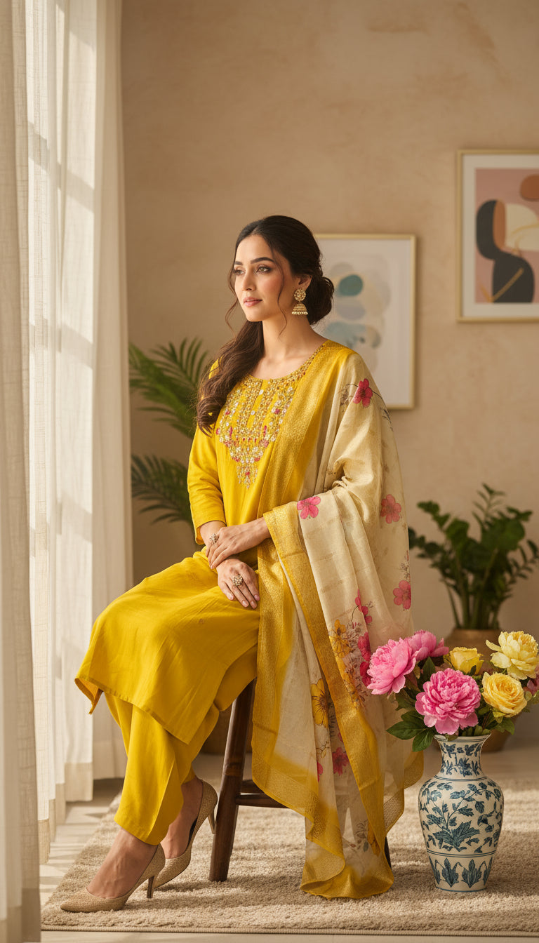 STUNNING ROMAN SILK HOT YELLOW COLOR SUIT SET