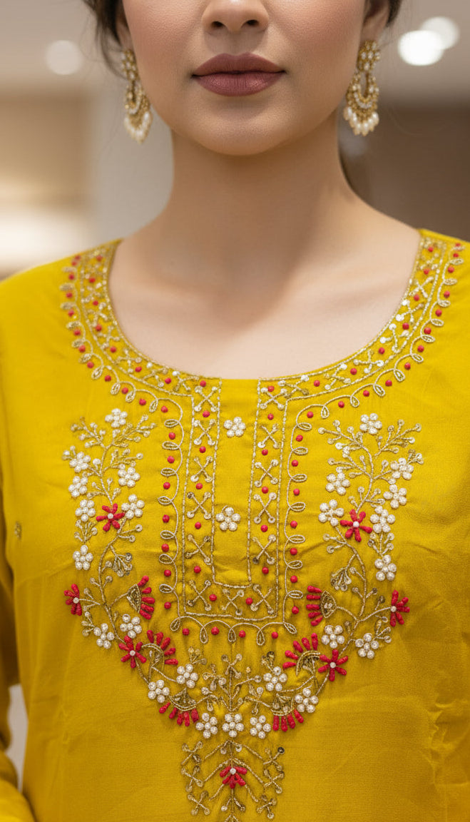 STUNNING ROMAN SILK HOT YELLOW COLOR SUIT SET