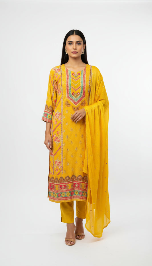 MUSTARD ZARI EMBROIDERED VISCOSE SUIT SET