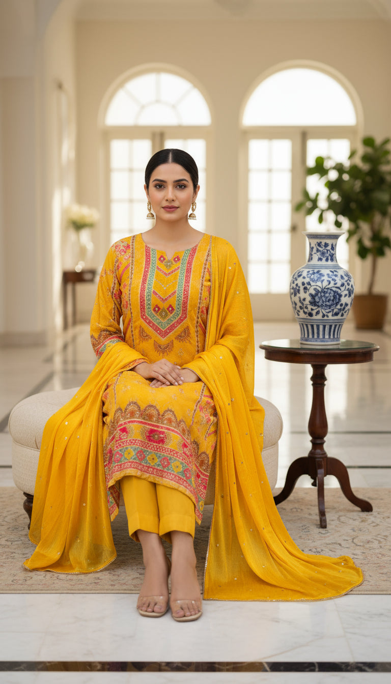 MUSTARD ZARI EMBROIDERED VISCOSE SUIT SET