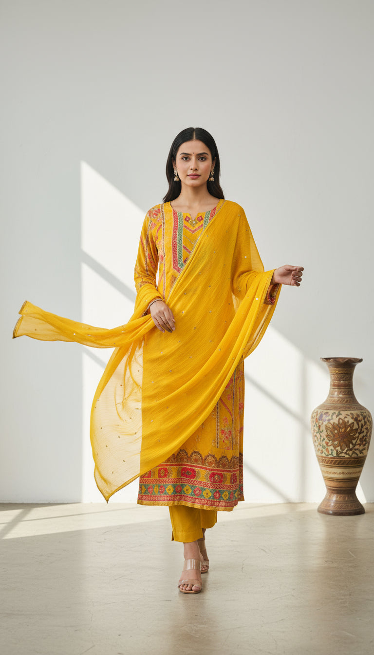 MUSTARD ZARI EMBROIDERED VISCOSE SUIT SET