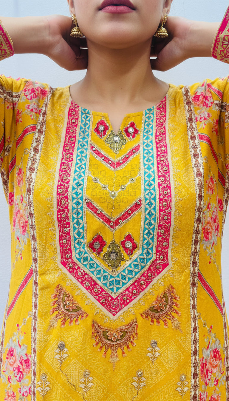 MUSTARD ZARI EMBROIDERED VISCOSE SUIT SET