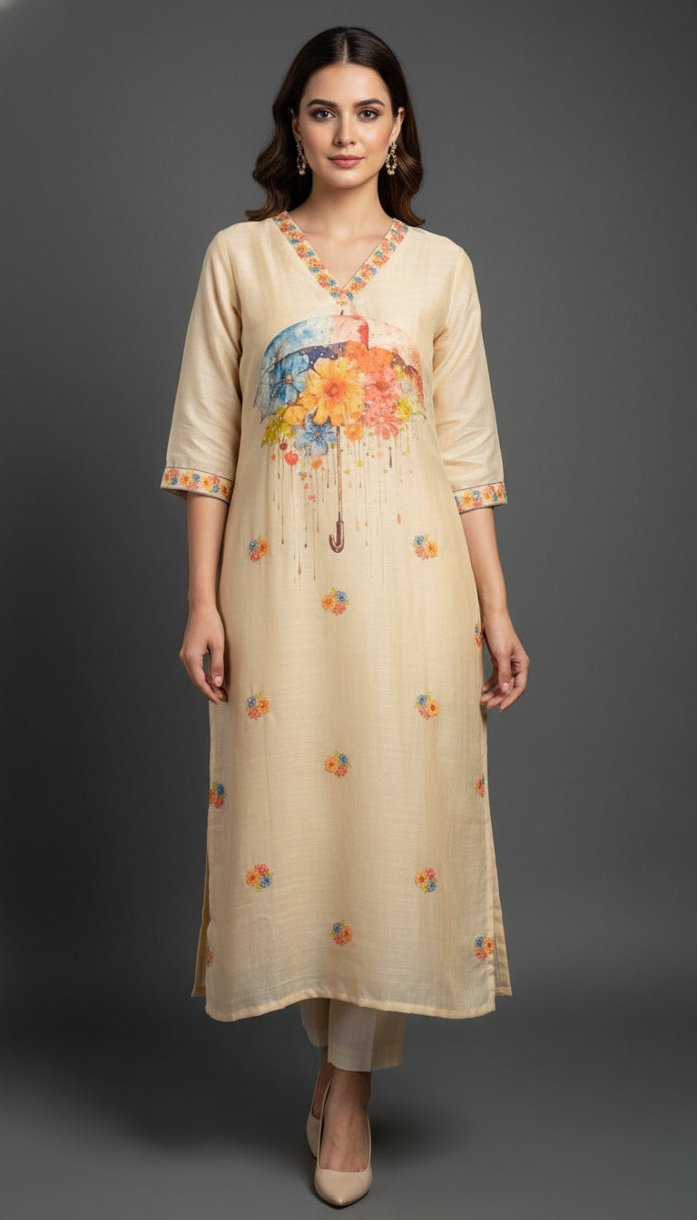 ELEGANT BEIGE LINEN SUIT FRENCH KNOT HAND EMBROIDERY