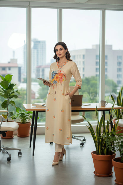 Beige Linen Suit with French Knot Hand Embroidery