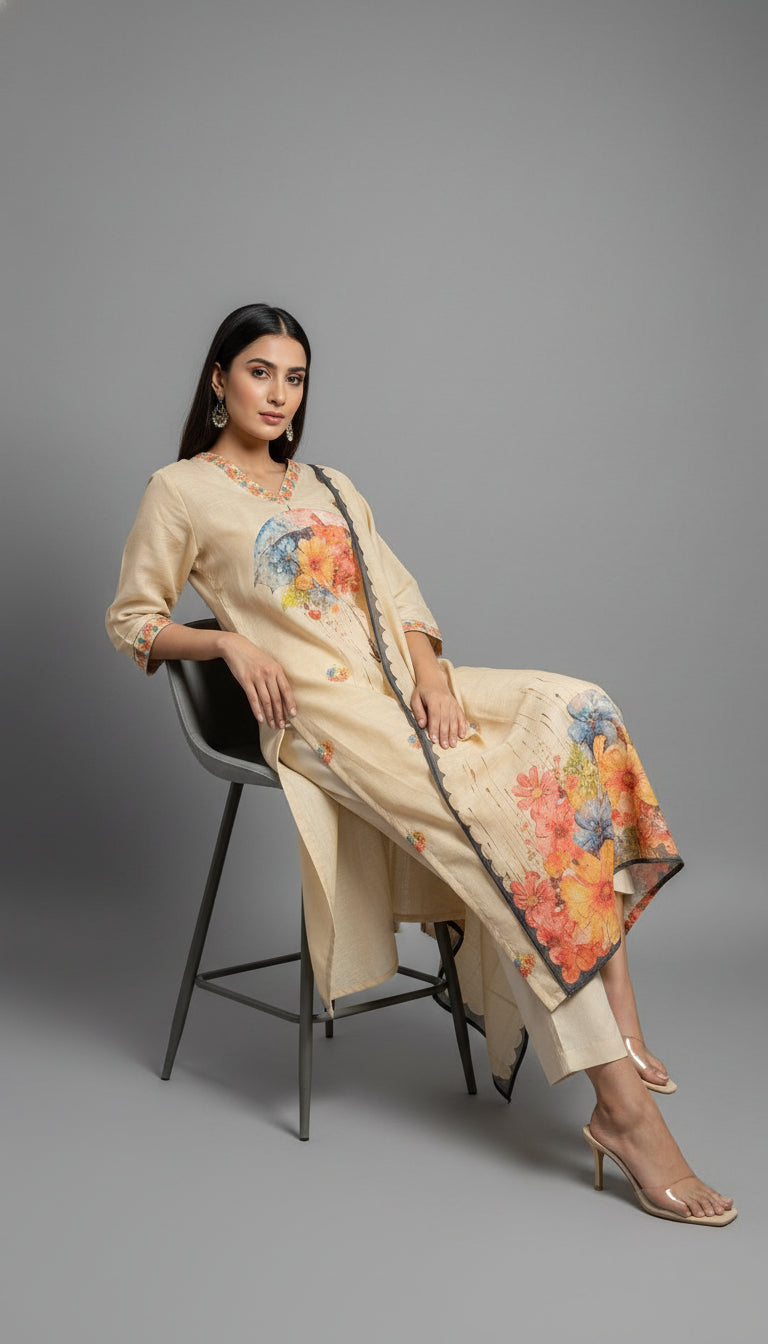 ELEGANT BEIGE LINEN SUIT FRENCH KNOT HAND EMBROIDERY
