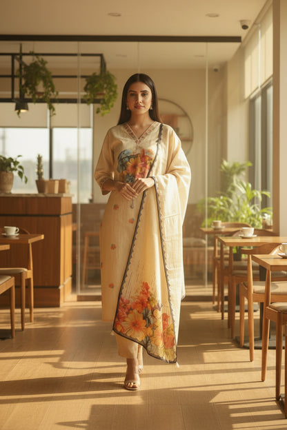 Beige Linen Suit with French Knot Hand Embroidery