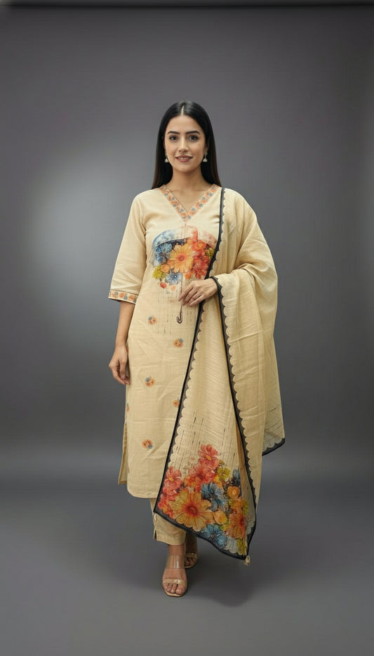 ELEGANT BEIGE LINEN SUIT FRENCH KNOT HAND EMBROIDERY