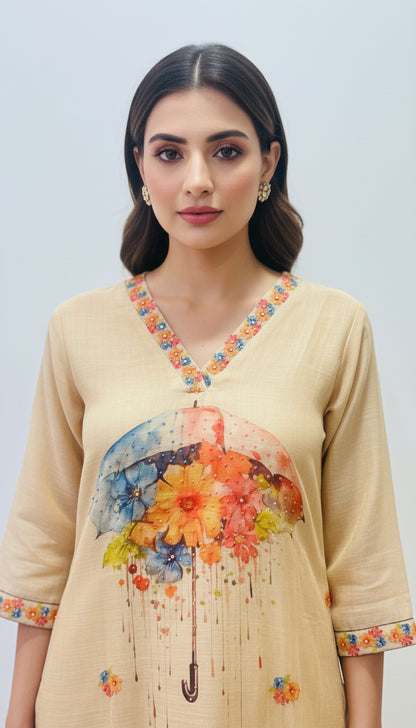 Beige Linen Suit with French Knot Hand Embroidery