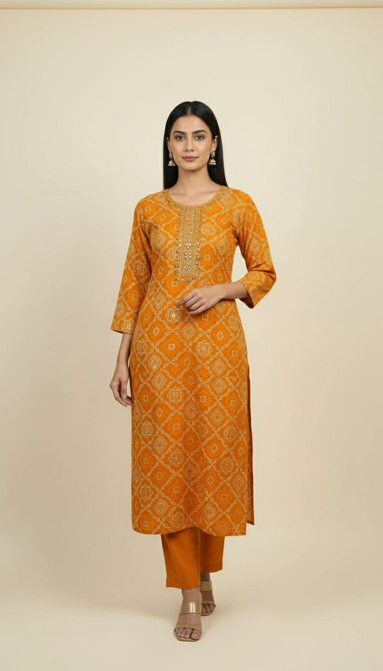 MUSTARD RAYON EMBROIDERED SUIT SET