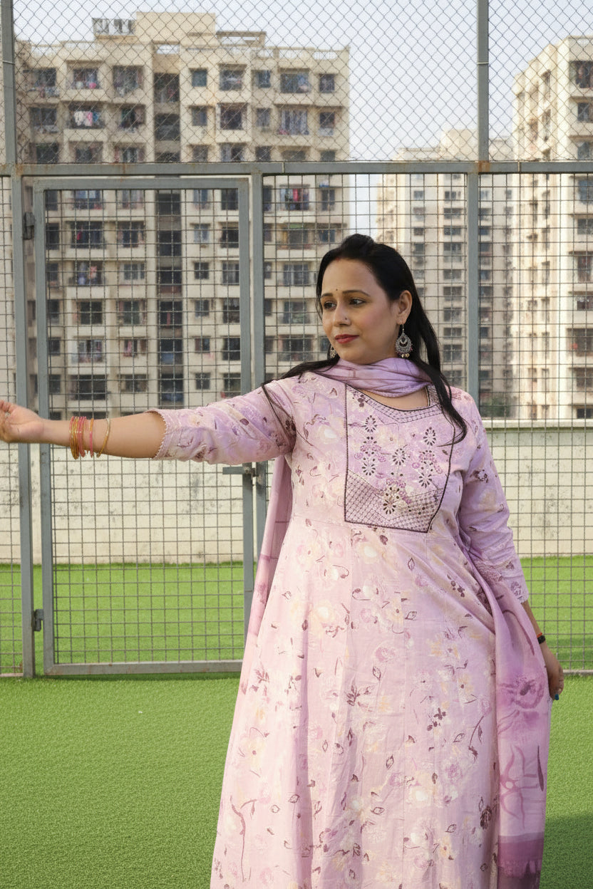 Blush Pink Anarkali Suit Set | Mul Cotton with Silk Cotton Bottom & Dupatta