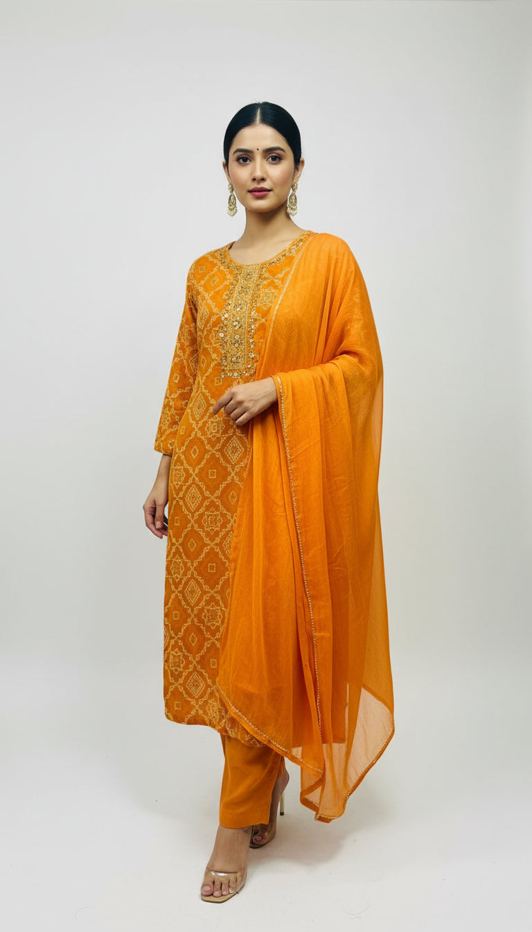 MUSTARD RAYON EMBROIDERED SUIT SET
