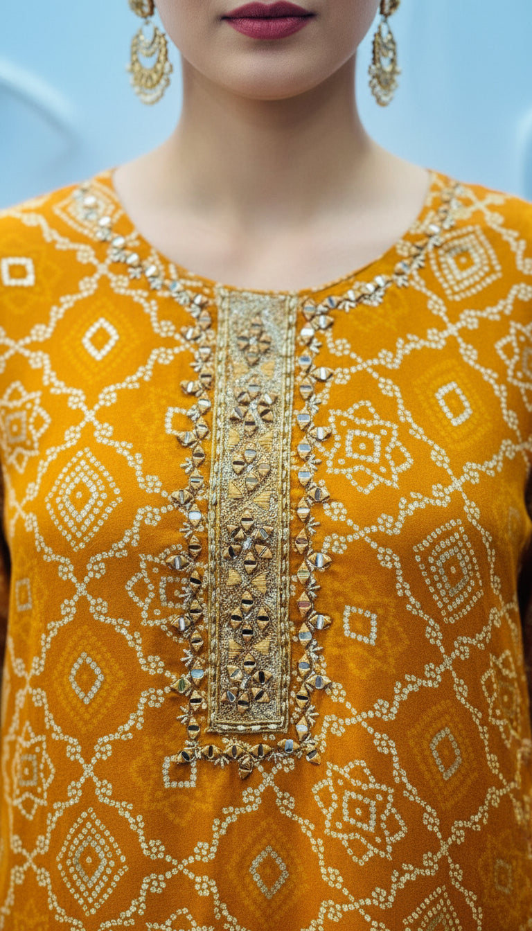 MUSTARD RAYON EMBROIDERED SUIT SET