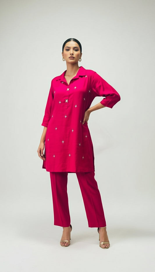 MAGENTA VATICAN EMBROIDERD CO-ORD SET