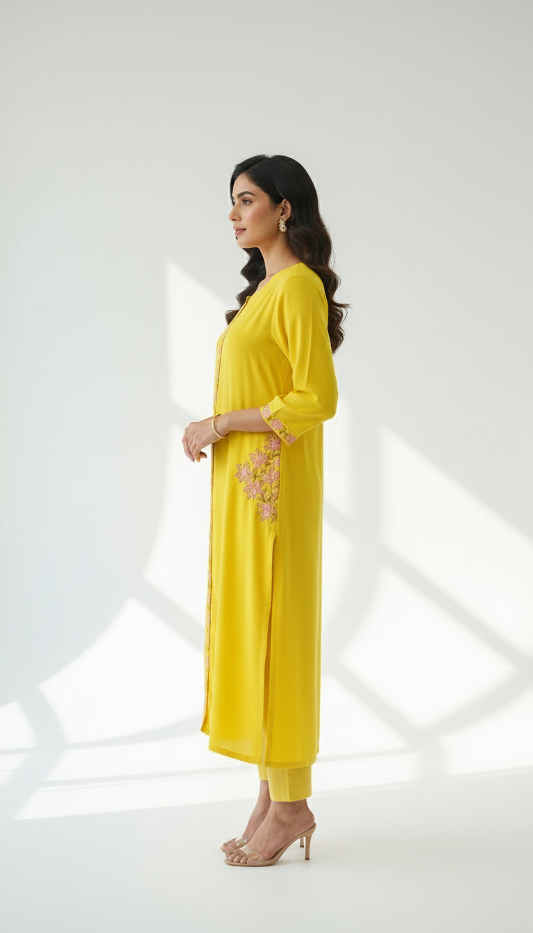 LEMON YELLOW EMBROIDERED RAYON CO-ORD