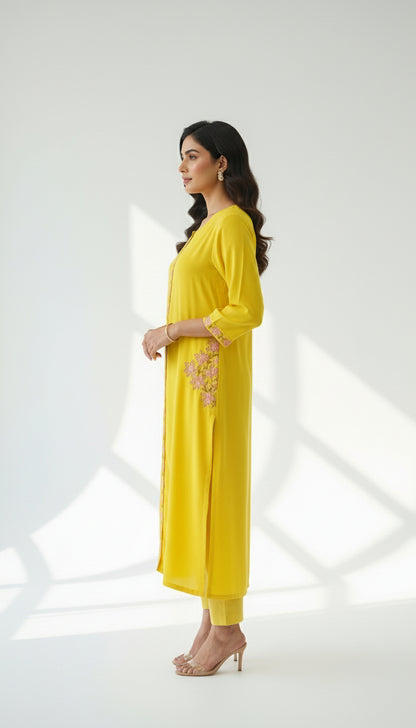 Lemon Yellow Embroidered Rayon Co-Ord Set