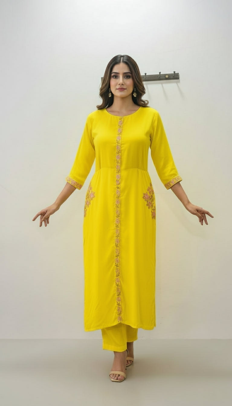 LEMON YELLOW EMBROIDERED RAYON CO-ORD