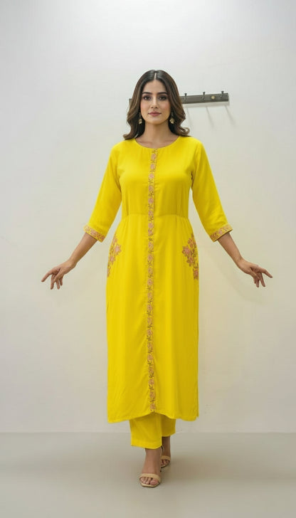 Lemon Yellow Embroidered Rayon Co-Ord Set