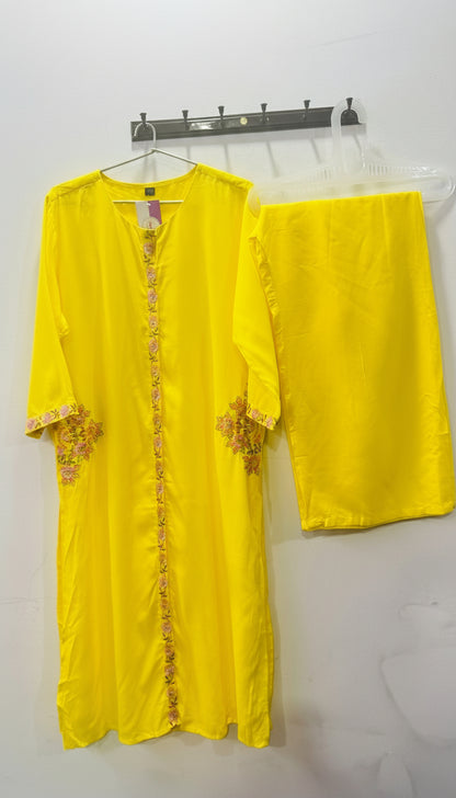 Lemon Yellow Embroidered Rayon Co-Ord Set