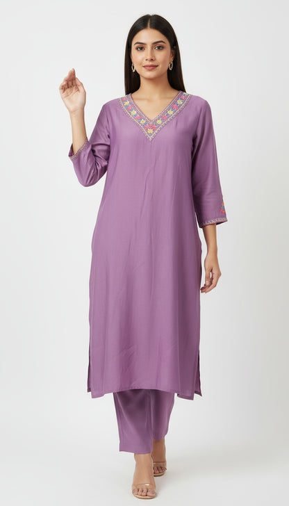 Lavender Embroidered Muslin Kurta Set
