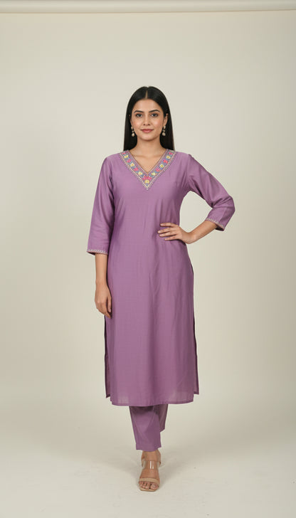 Lavender Embroidered Muslin Kurta Set