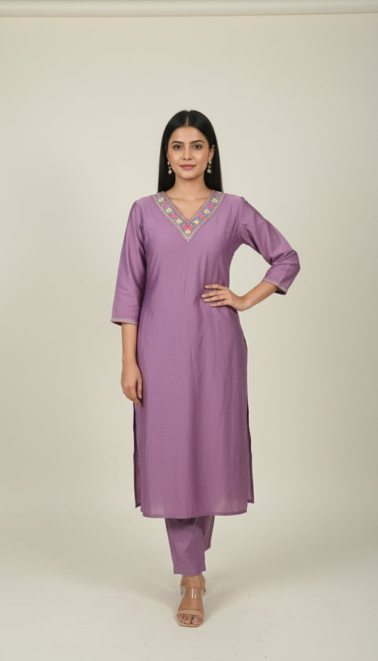 LAVENDER EMBROIDERED MUSLIN CO-ORD SET