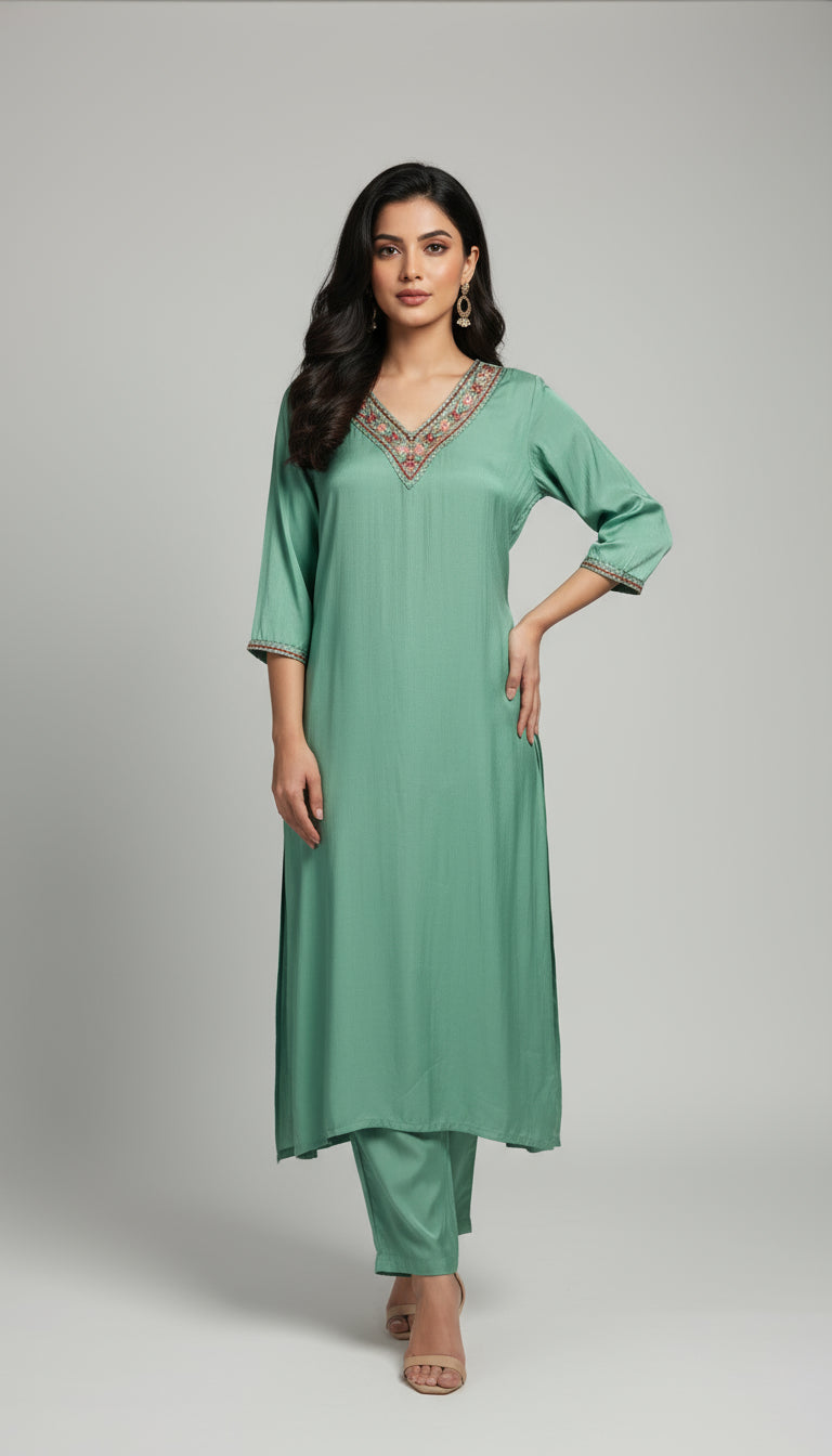 OLIVE GREEN MUSLIN SLIK EMBROIDERED CO-ORD SET