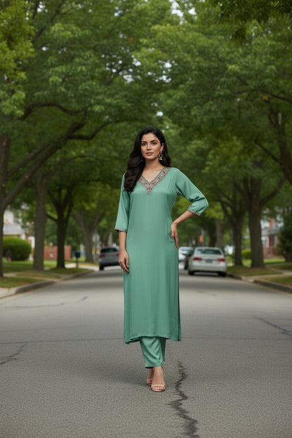Olive Green Muslin Silk Embroidered Kurta Set