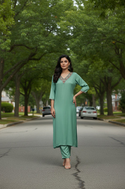 OLIVE GREEN MUSLIN SLIK EMBROIDERED KURTA SET