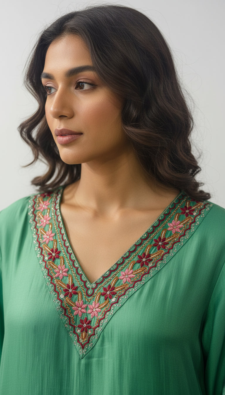 OLIVE GREEN MUSLIN SLIK EMBROIDERED CO-ORD SET