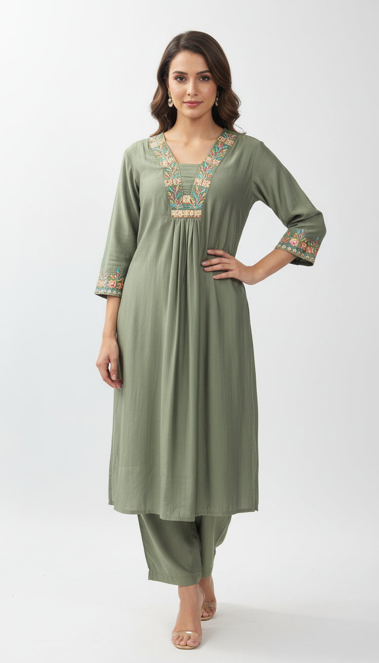 GREEN EMBROIDERED MUSLIN CO-CORD SET