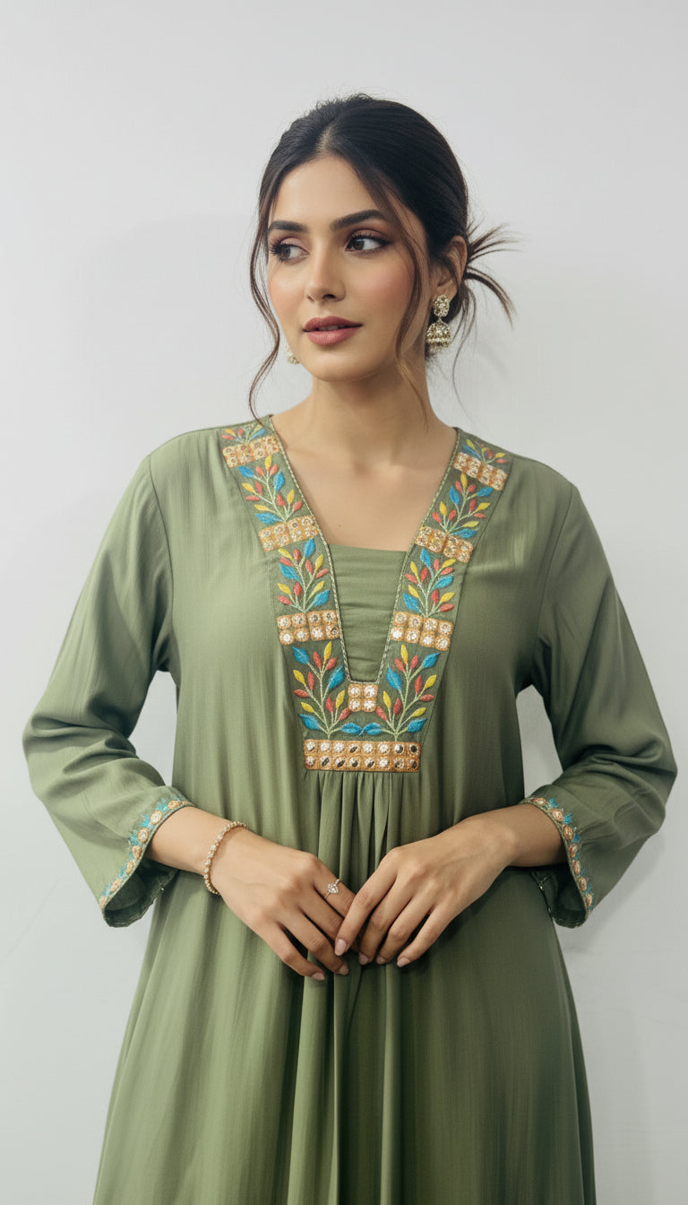 GREEN EMBROIDERED MUSLIN CO-CORD SET