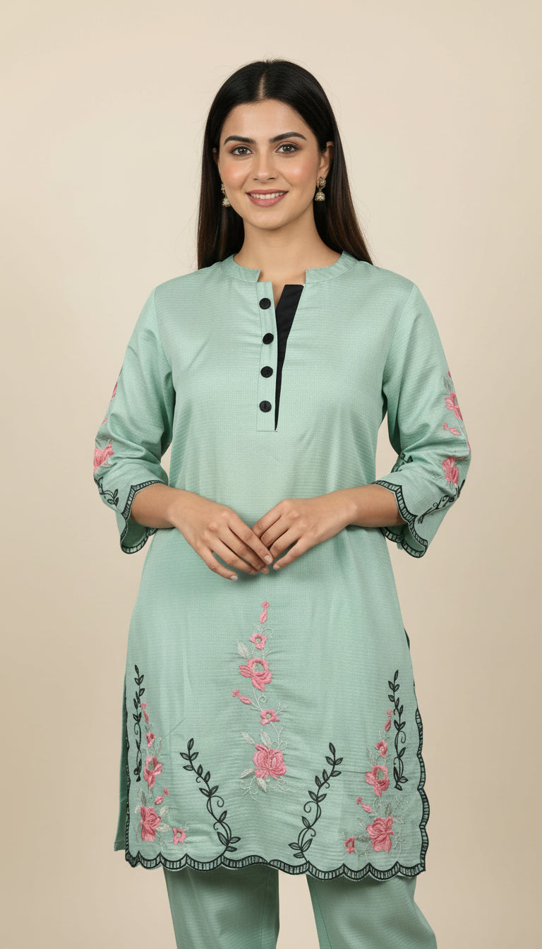 VATICAN SILK EMBROIDERED PISTA GREEN CO-ORD SET