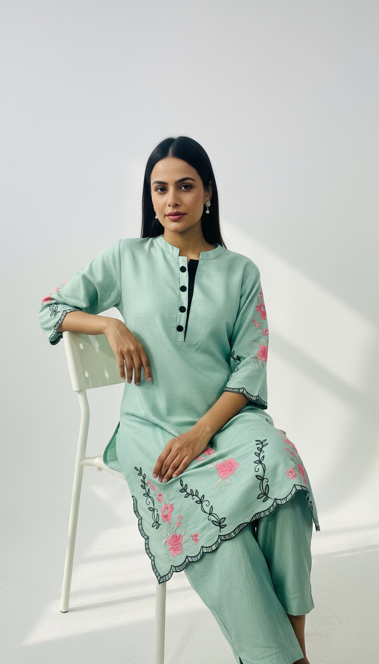 VATICAN SILK EMBROIDERED PISTA GREEN CO-ORD SET