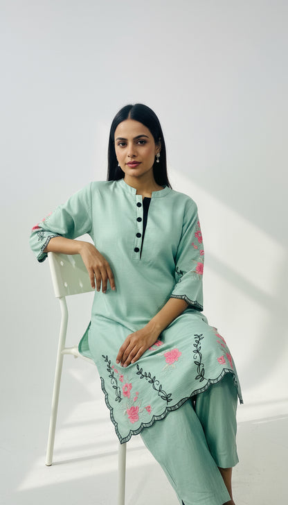 Pista Green Vatican Silk Embroidered Co-Ord Set